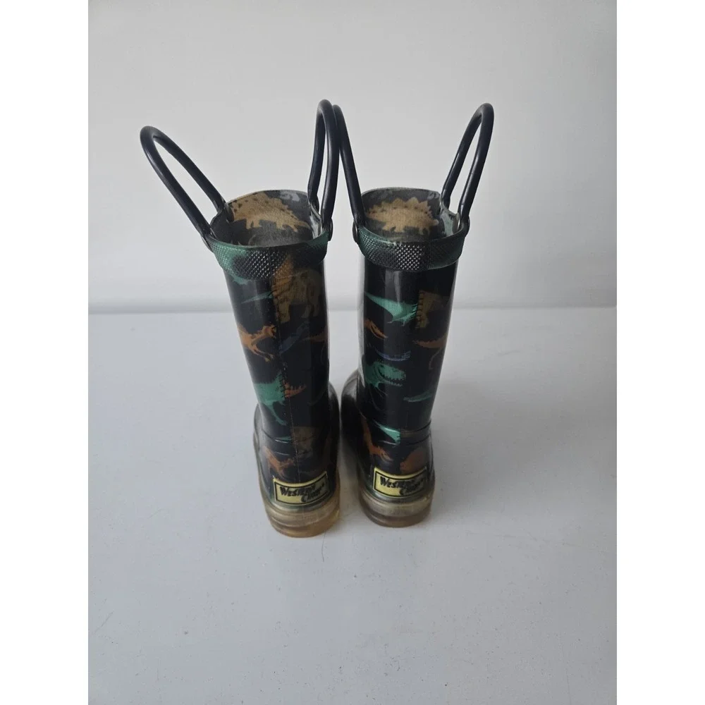 Western Chief Dino Stomp Light Up Rain Boots Kids Size 6 Black Dinosaur Pull On